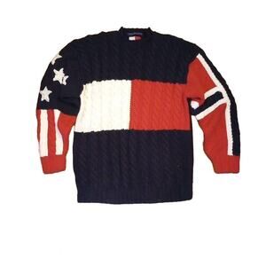 Tommy Hilfiger women's American Flag sweater XL Patriotic Heavy cable handknit